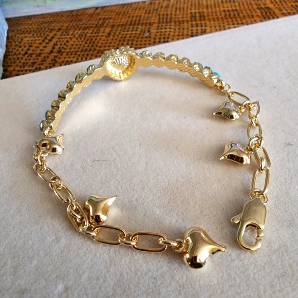 Gold Heart Bracelet with Turquoise Crystal Stones and Heart Charms - Picture 10 of 10
